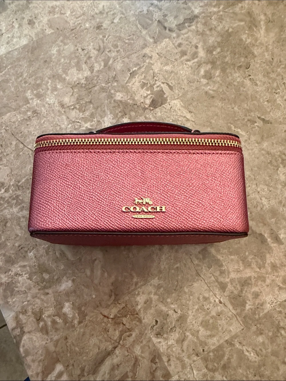 Coach Rose Pink Saffiano Jewelry case  with Gold Logo GUC suede inside